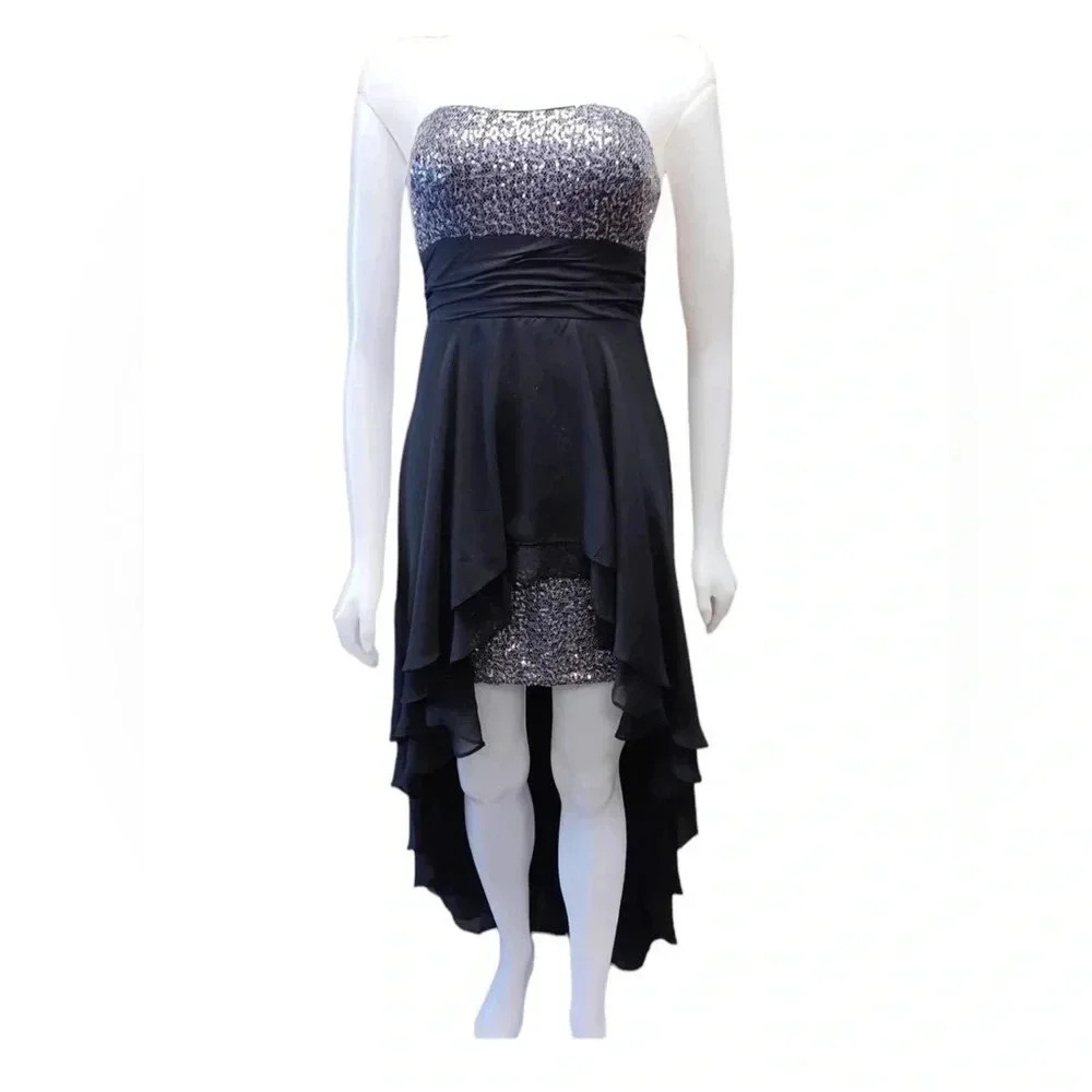 Adrianna Papell Black and Silver Strapless High-Low Sequin Dress